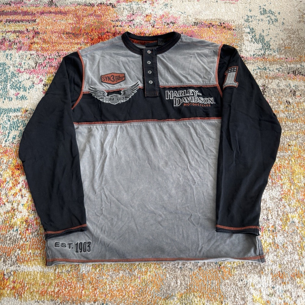 Harley-Davidson Y2K Long Sleeve Henley Shirt Mens XL Grey Black Patch Graphic